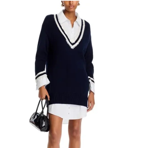 Cinq à Sept Navy and White V-Neck Sweater